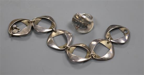 A Georg Jensen silver ring and bracelet, the latter no. 190, bracelet overall 19cm